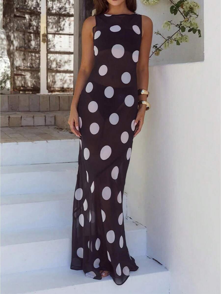 Women's Maxi Dress Boat Neck Sleeveless Vintage Mesh Polka Dot Summer Vacation Outfit - 黑色 - 查看 1