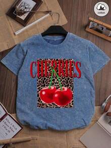Vintage Tops2026 Summer TopsEs Trus Cotton Summer Women's Funny Graphic Tee, Streetwear Style Leopard Print Cherry Letter Pattern, Comfortable Retro Basic Casual Chic Y2K Tee For Door, Regular Petite Punk Slim Fit Black Round Neck Short Sleeve Washed T-ShirtLoose And ComfortableshirtLoose And Comfortablesummer Clothes Women Retro Clothes Women - 霧霾藍 - 查看 12