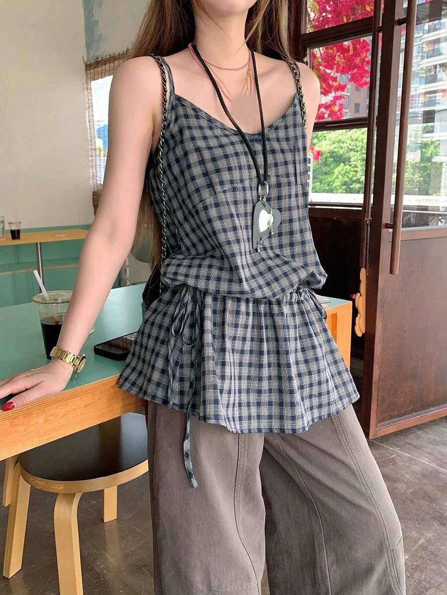 Áo hai dây thời trang, mẫu mới mùa hè, áo tank top không tay thanh lịch dành cho nữ (họa tiết kẻ caro ngẫu nhiên) phong cách thường ngày - Hải quân - Xem 1