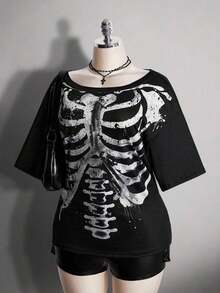 2026 Summer Collection,ICON Women's Plus Size Autumn/Winter Warm Retro Distressed Sexy Fashion Avant-Garde Bold Street Style Millennial Y2K Dark Gothic Punk Skull Rose Pattern Loose T-Shirt Gothic Summer Clothes Gothic Clothing For Women,Sizes 3–7XL, Free Shipping,  Within 24 Hours - 黑色 - 查看 4