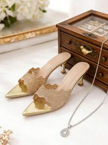 新款女士优雅刺绣低跟尖头拖鞋 - 金色 - 查看 5