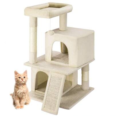 Bakaji Albero Tiragraffi per Gatto con 3 Cucce Rifugio e 1 Pallina, Graffiatoio Animali Domestici Imbottito e Morbido Gioco Giocattolo, Centro Attività Multilivello Rampicante Altezza 91.5cm Beige