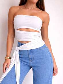Elegant Brown Strapless Cropped Top In Suplex With Sexy Cutouts And Tie Detail –  Women's Fashion Top 2026 - 白色 - 查看 3