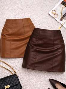 Set Of 2 Women's High-Waisted Fitted Faux Leather Mini Skirts - Nâu/Caramel - Xem 9
