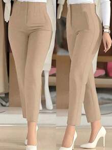 Pantalones de trabajo ajustados de unicolor casual que estilizan la cintura, cortos, color negro para primavera - Caqui - Ver 2
