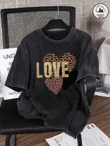 Camiseta de manga corta para hombre con estampado de pareja, cuello redondo y corte holgado. - Negro - Ver 1