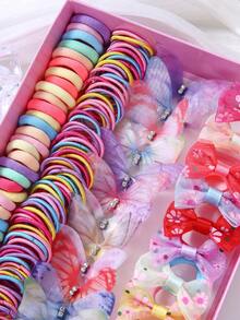 115pcs Random Color Girls Colorful Hair Ties, Bow Hair Clips, Scrunchies, Minimalist Hair Accessories, Suitable For Daily Use - Multicolor - View 4