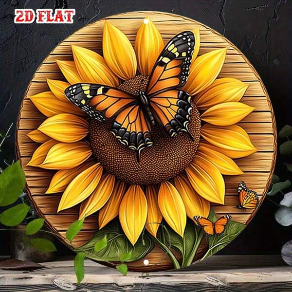 2D Flat - Single 2D Flat Round Plaque, Featuring Monarch Butterfly, Designed For Nature-Themed Wall Decor. This Rustic Metal Art Piece Includes Sunflower Pattern, Suitable For Various Spaces Like Home, Garage, Dining Room, Etc. (Random Hole Position)