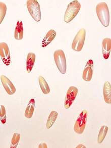 24Pcs/Set Almond Shaped French Manicure 3D Floral-Drop Gradient Elegant Reusable Press-On Nails With 1Pc Gel And 1Pc Nail File, Adding A Daily Wear And Dates Nail Supplies Nails - Nhiều màu 18 - Xem 3