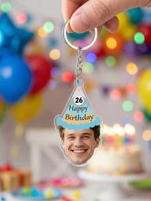 1pc Custom Birthday Party Hat Photo Keychain, Personalized Age Text Charm, Birthday Gift For Friend Family Him Her, Happy Birthday Funny Party Favor, Colorful/Pastel Polka Dot Party Hat Design, Anniversary Keepsake - Multicolor - View 12