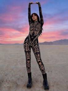 New Sexy Bodycon Round Neck Long Sleeve Contrast Color Jumpsuit For Women Black Spring Elegant - Black - View 3