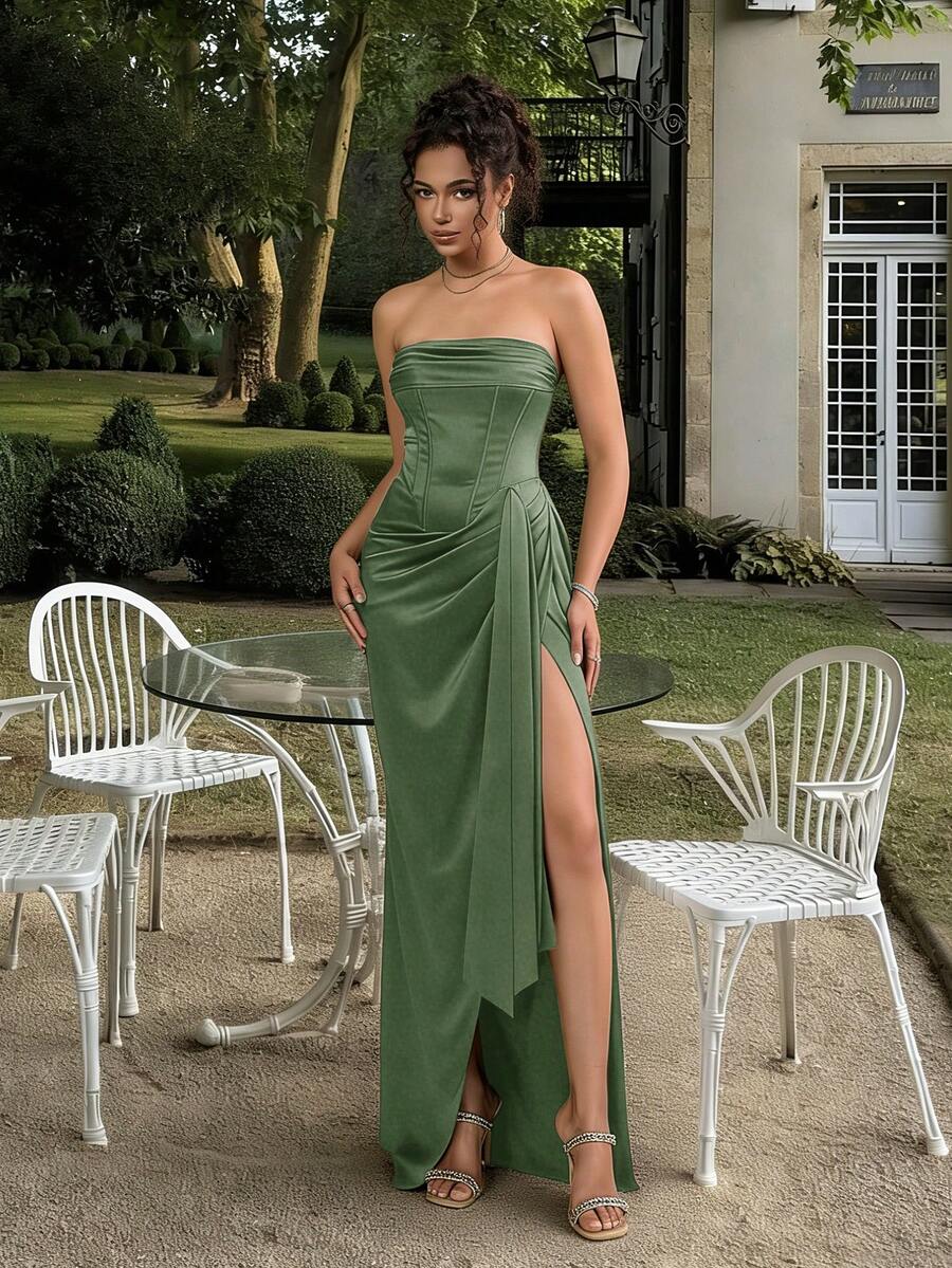 2026 Spring/Summer Strapless Satin Ruched Mermaid Gown With Ruffle Hem And High Slit, Romantic Lakeside Evening Party Cocktail Elegant Dress For Prom, Wedding, Music Festival - Army Green - View 1