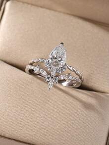 Bộ 2 chiếc nhẫn cưới lãng mạn mạ vàng đính đá zirconia hình giọt nước và lá, thích hợp cho đám cưới, tiệc tùng, kỳ nghỉ, lễ đính hôn. - Bạc - Xem 4