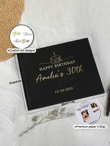 Customized Black Or White Horizontal Guest Book, Personalized Birthday Party Sign-In Book, Black And Gold Photo Frame Album For Wedding Birthday Party, Event Supplies - Multicolor - View 3