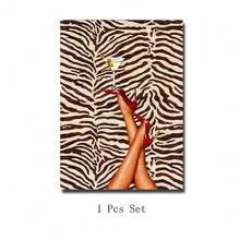 Set Of 1 Martini Red Heels Zebra Pattern Canvas Wall Art | Cocktail Legs Print | Boho Glam Bar Decor Poster For Bedroom Vanity Girls Room,Frameless/Framed - A - View 13