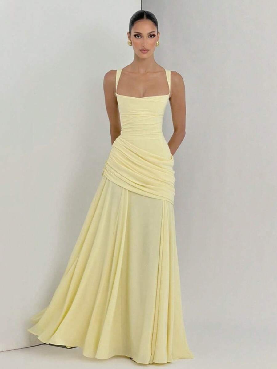 Elegant Lady Pure Desire Style Fashion Charm Banquet Party 2026 Women's Dress Temperament Solid Color Low Cut Long Skirt Folded Strap Waist Bareback Dress - 黃色 - 查看 1