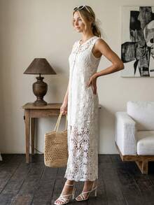 Đầm ren khoét rỗng màu trắng, đầm dài kiểu bohemian xẻ tà, thích hợp cho lễ Phục sinh và kỳ nghỉ hè. - trắng - Xem 6