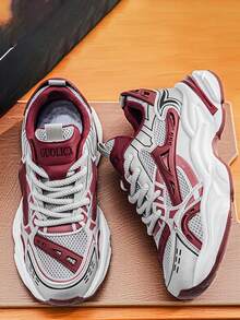 Zapatos de malla para hombres, zapatos casuales con suela gruesa y de moda, zapatillas versátiles, ligeras y transpirables con bloqueo de color de alta gama, adecuadas para todas las estaciones - Gris Rojo - Ver 2