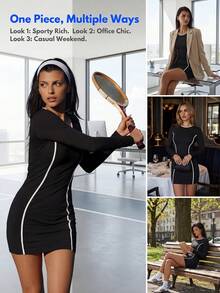 Vestido deportivo de manga larga con cintura ajustada, elástico, cómodo y sexy para mujer, ideal para yoga, running, pilates, ir al trabajo, citas, playa y uso diario - Negro - Ver 6