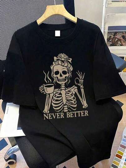 T-shirt à manches courtes avec imprimé crâne pour femmes grandes tailles, convient pour les vacances d'été, les cadeaux du Nouvel An, la Saint-Valentin, la Fête des Mères. Convient pour les vacances d'été, la plage, les vacances, le printemps, la Saint-Valentin, les tenues de carnaval. Top d'été décontracté, Top de printemps, tenue d'été pour femme, convient pour les vacances d'été, la plage, les vacances Noir