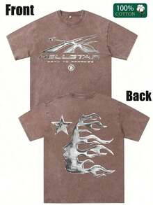 Men's Printed Pattern Washed T-Shirt - Casual Loose Summer T-Shirt With Star And Flame Design, Adult Brown 100% Pure Cotton Round Neck Shirt, Breathable T-Shirt|   Avant-Garde Casual Wear|   100% Pure Cotton Printed T-Shirt - Coffee Color - 查看 6