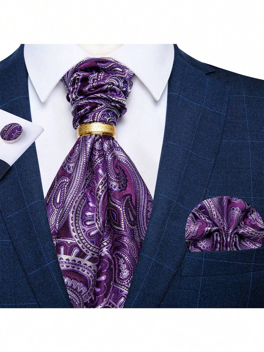 Premium Exquisite Purple Jacquard Ascot Tie 4Pcs Gentleman Accessories For Dinner Festival Occasions, Graduation Gift, - Purple - View 1