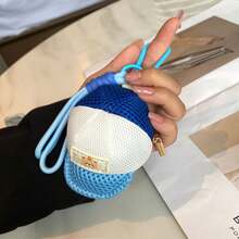 1pc Solid Color Color‑Block Mesh Mini Baseball Cap Shaped Coin Purse, Cute Bear Patch Earphone Case Keychain Pendant, Casual Portable Small Bag Charm For Women - mỏ vịt xanh - Xem 3