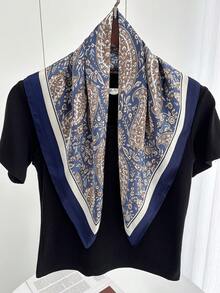 1件装时尚奢华仿丝绸印花浴袍披肩，女士沙滩防晒缎面围巾女士头巾夏季服装沙滩发带 - 藏蓝色 - 查看 1