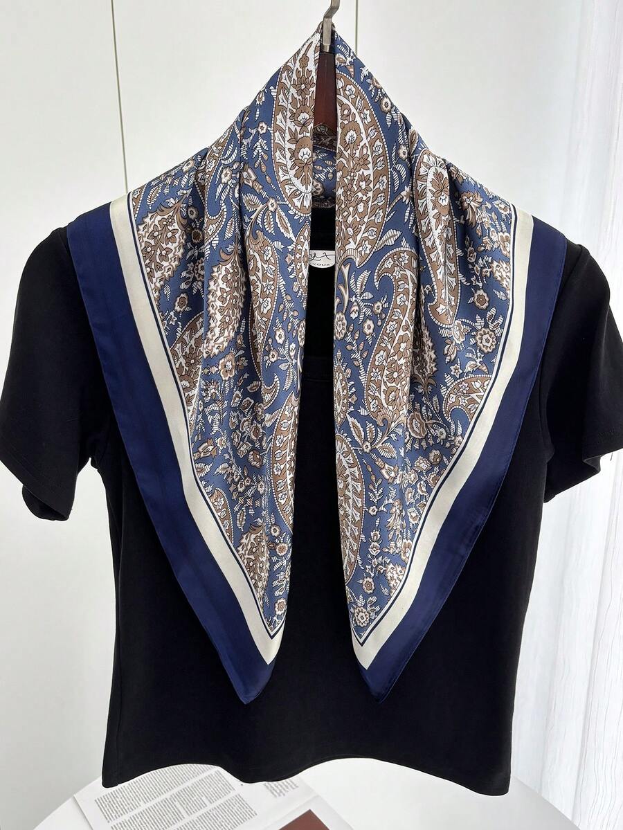 1件装时尚奢华仿丝绸印花浴袍披肩，女士沙滩防晒缎面围巾女士头巾夏季服装沙滩发带 - 藏蓝色 - 查看 1