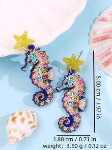 1 paire de boucles d'oreilles acryliques mignonnes et minimalistes avec strass 2D représentant un animal marin bleu, un hippocampe, rafraîchissantes pour l'été. Convient pour la plage, les vacances et les sorties pour femmes - Multicolore - Voir 5