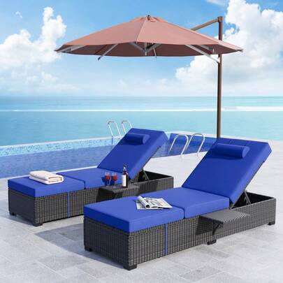 2PC Rattan Sun Lounger, Outdoor Garden Lounger Furniture With Thick Padded Cushion & Removable Pillow, 5-Level Adjustable Outdoor Recliner With Side Table For Patio, Poolside, Balcony, Garden