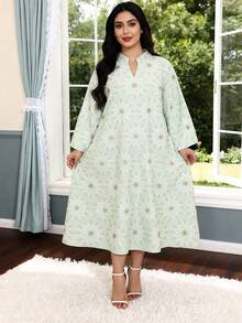 Đầm thêu hoa màu xanh lá cây thanh lịch, trang phục nữ Ả Rập, cổ Jalabia tay rộng, mẫu mới thời trang tươi mới, đầm màu xanh lá nhạt thời trang dành cho nữ. - Màu xanh Bạc hà - Xem 11