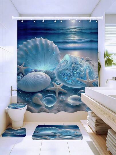 1/3/4件套月光贝壳海星印花浴帘套装，梦幻海岸风浴室帘，防水防霉，现代家居浴室装饰，72英寸*72英寸 - 浴室隔断浴帘，带12个挂钩，包含马桶盖套、浴垫和地毯，涤纶面料 - 可水洗，适用于家庭浴室/酒店/西式风格/海滨别墅/水疗中心，奢华航海风浴室装饰，四季皆宜，公寓必备，乔迁/母亲节礼物
