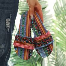 Bohemian Style Women's One-Toe Sandals, Retro Printed Flat Slippers, Summer Outdoor Beach Flip Flops - Pink - View 5