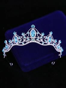 1pc Women's Fashion Princess 3D Crown Rhinestone Headband, Sweet Luxury Birthday Hair Accessory - Silver Coral Blue - View 3