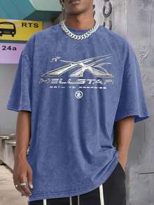 Men 100% Pure Cotton Washed Star Flame Graphic Tee Loose Round Neck Breathable Avant-Garde Casual Summer Top - 藍色 - 查看 2