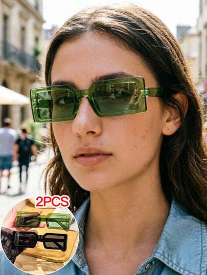 2PCS Women's Square Fashion Glasses, Black Green Tortoiseshell Hot Unique Casual Style, Daily Outdoor Commuting Travel Party Outfit, With Glasses Box