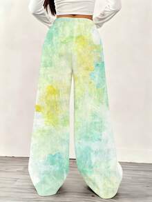 Casual Loose Fit Wide Leg Pants Light Green And Yellow Watercolor Print Sweatpants For Women Comfortable Drawstring Waist Pants Suitable For Leisure And Sports Activities - 彩色 - 查看 4