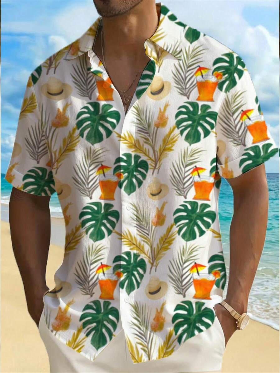 Hawaiian Mens 3D Print Shirt Tropical Leaves Hats Pineapple And Umbrella Drinks Honor Beach Escape Joy Calm Summer Vibes And Laidback Spirit - trắng - Xem 1