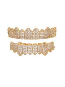 [Sparkling Punk Tooth Caps For Cosplay] Glittering Hip Hop CZ Teeth Grills - 2pcs Set For Top & Bottom, Sparkling Punk Tooth Caps, Perfect For Cosplay & Rapper Style, Instant Smile Makeover - Multicolor - View 12