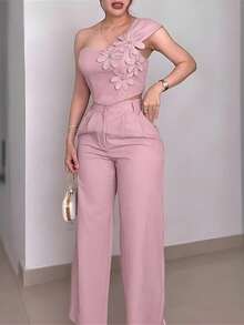 ChicMe Conjunto de 2 piezas para mujer con aplicación floral 3D de rhinestone, top con un hombro fruncido y pantalones de pierna ancha de cintura alta, uso diario elegante - Rosado Sandía - Ver 4