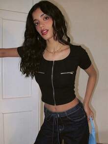 Summer Y2K Style Zip-Up Solid Color Square Neck Short-Sleeved Slim Fit Casual Women's T-Shirt - Black - View 4
