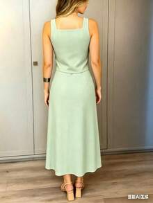Women's Premium Tailored Vest And Midi Skirt Set - Versatile For Work And Events - Bean Green - View 3