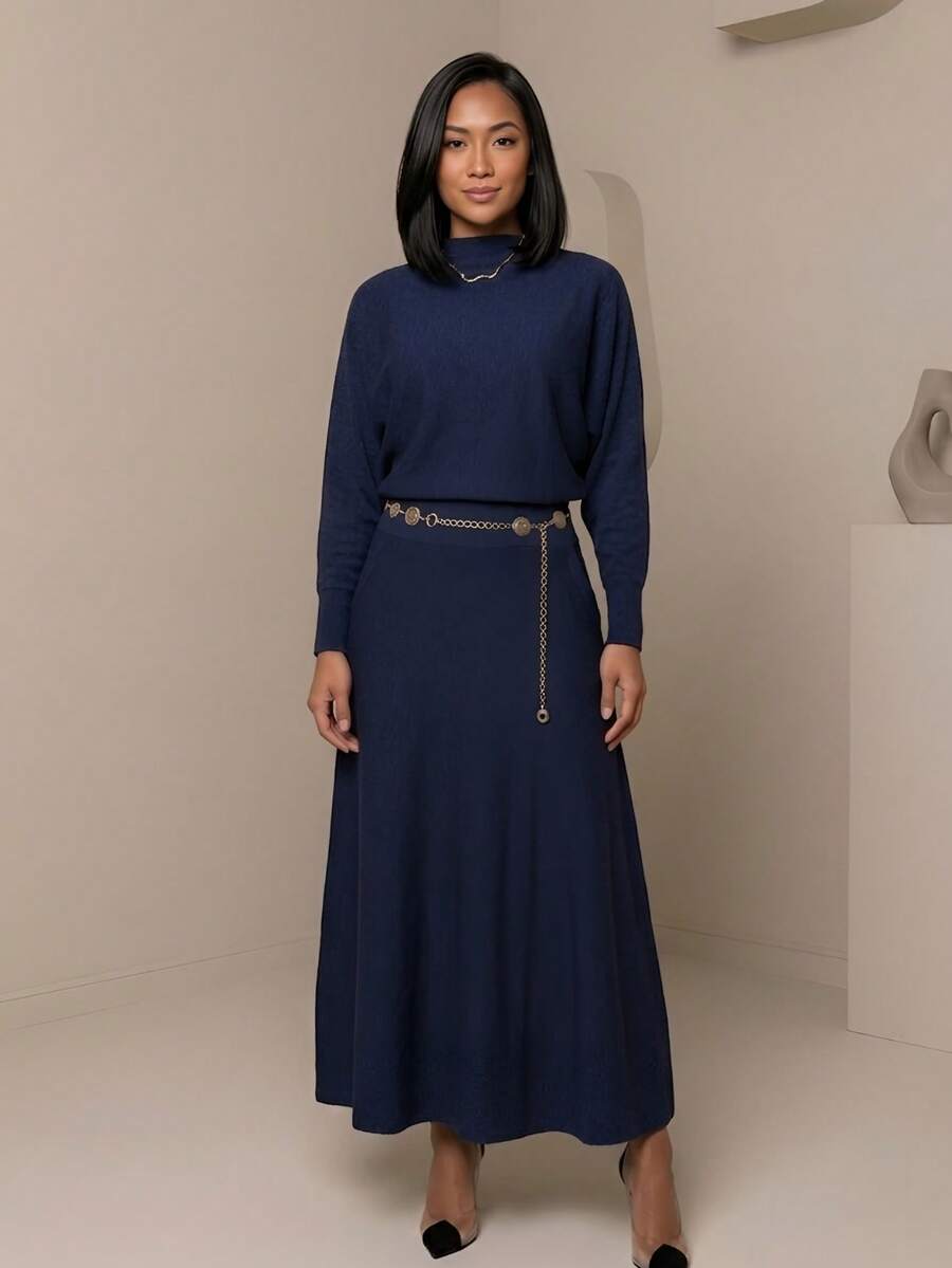 Elegant Blouse And Skirt Set | Women's Fashion | Set For Cold Weather, Events, Formal, Meetings, Etc... - 藏蓝色 - 查看 1