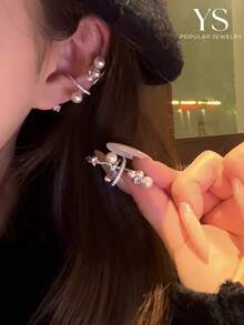 1对镶钻仿珍珠耳夹，2026新款时尚简约优雅耳环，适合无耳洞女性佩戴 - 銀色 - 查看 6