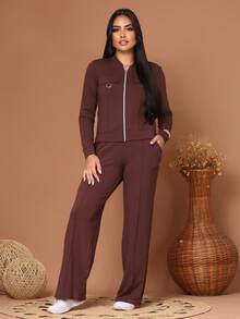 Wide-Leg Pants + Long-Sleeved Jacket In Cool, Lightweight Fleece Fabric For Winter 2026. Zipper. - 鏽棕色 - 查看 1