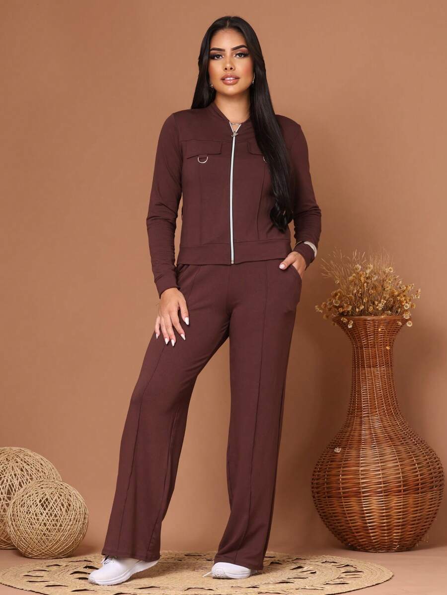 Wide-Leg Pants + Long-Sleeved Jacket In Cool, Lightweight Fleece Fabric For Winter 2026. Zipper. - 鏽棕色 - 查看 1