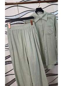 Linen Shirt And Pants Set (2 Pieces), Lined With Elastic. - Xanh lá nhạt - Xem 5
