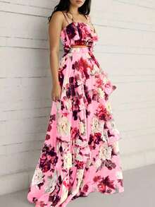 Spring/Summer New Beach Vacation Style Printed 2-Piece Set, Ruffle Camisole Top & Cake Skirt, Polyester Material Pink - Pink - View 7