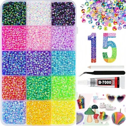 15pcs Resin Crystal Diamond Decor Set With Tweezers, Suitable For Decorating Handicrafts, Clothing, Cups, Shoes, Fabrics And Other DIY, 3mm, 4mm, 5mm Mixed Color Crystal Diamond Decor Kit, Room Decoration
